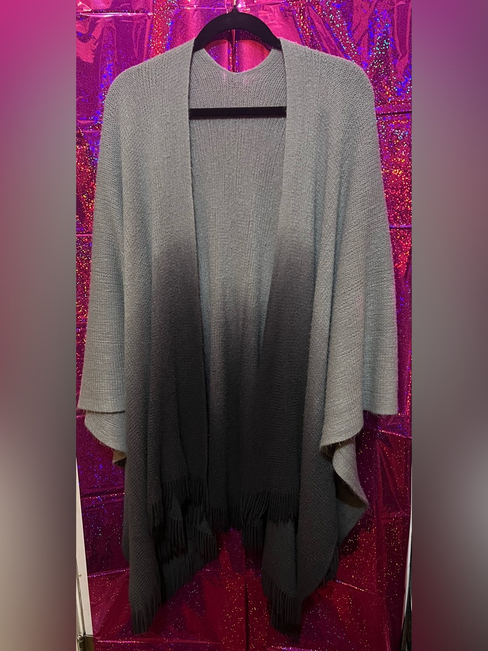 Source Unknown Gray Ombre Fringe Open-Front Poncho